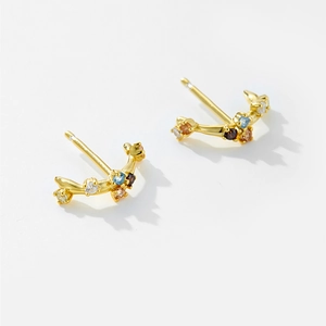 Gold plated S925 sterling silver C-shape earrings with colorful cubic zirconia stones