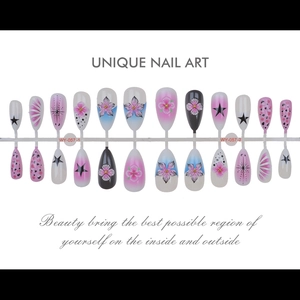 Detailed set of 24 almond nails with pink flower gradients and 3D shell texture