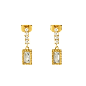 French style gold earrings with vertical pearls and square clear crystal drops