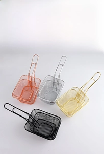 Détail de mini paniers à friture en acier inoxydable en quatre couleurs et deux tailles