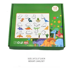 Detailed specs for 12-piece stainless steel dinosaur cookie cutter set with FDA packaging