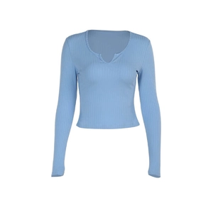 Haut en tricot bleu ciel pour femme avec col en V, manches longues et texture côtelée