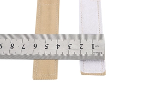 Close-up of 2cm khaki canvas chin strap with white velcro fastener and ruler measurement