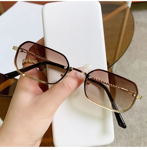 Detail of gradient tea lenses with metal hinges and retro small frame sunglasses