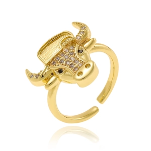Adjustable bull head open ring with crystals in 18K gold plated copper finish