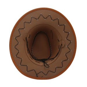 Detail of brown western cowboy hat showing inner stitching and adjustable chin strap