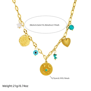 Gold vintage stainless steel necklace with evil eye and turquoise charms on white background