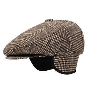 Classic men's brown plaid newsboy cap with warm ear flaps for autumn and winter