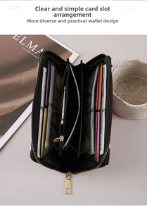 Detail view of the multi-slot interior and zipper pocket of a PU leather long wallet
