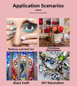 Detailed four-grid display showing versatile nail art rhinestones and crystal accessories