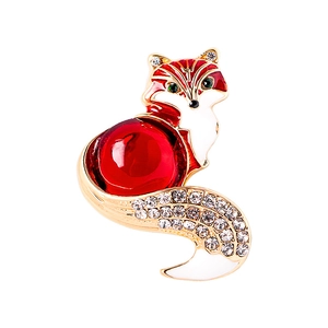 Vintage cute cartoon fox brooch in gold metal with red glass and sparkling rhinestones