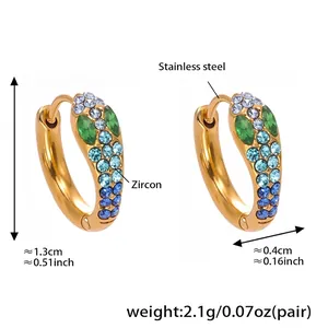 Gold stainless steel snake earrings with gradient blue and green zircon stones