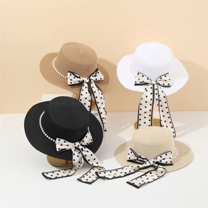 Elegant French flat top straw hats with pearls and polka dot ribbons in four colors