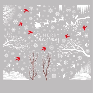 Merry Christmas window stickers set with white reindeer snowflakes and red house motifs