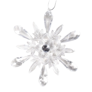 Ornement flocon de neige en cristal acrylique transparent avec cordon de suspension argenté