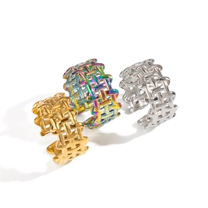 Modern geometric mesh woven open rings in gold, rainbow, and silver metallic finishes