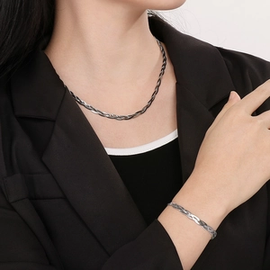 Set di collana e bracciale a catena a serpente intrecciata in acciaio al titanio argento