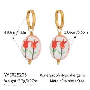 Detailed view of enamel floral earrings with dimensions and stainless steel specifications