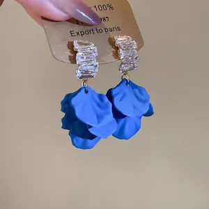 Elegant tiered blue petal earrings with crystal studs and dangling floral tassel design