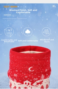 Detail of red Christmas knit neck warmer with white fleece lining and reindeer patterns