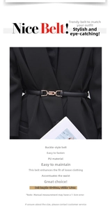 Detail view of a 1.5cm wide black PU belt with a gold D-buckle and size specifications