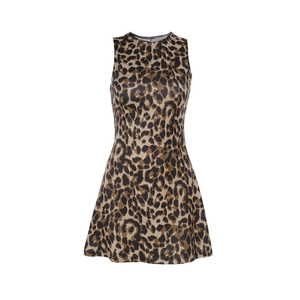 Elegant leopard print sleeveless slim fit A-line mini dress with round neck for women