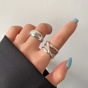 Minimalist silver croissant and crisscross layered open rings set for women