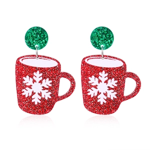 Christmas glitter red mug earrings with white snowflake pattern and green stud drop