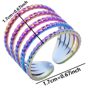 Detail of multi-layer spiral ring with rainbow finish and textured relief pattern