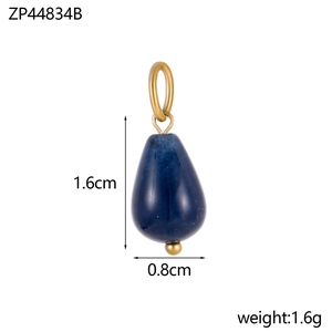 Macro detail of teardrop blue natural stone pendant with gold ring and dimensions