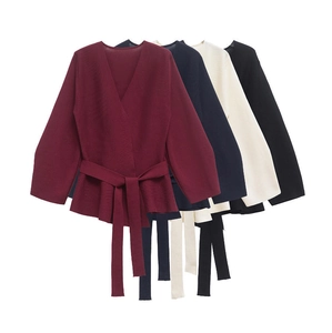 Women V Neck Knit Sweater Top Long Sleeve Belted Wrap Peplum Ribbed Padded Shoulder Elegant Polyester Spandex