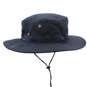 Navy blue outdoor sun hat with breathable vents and adjustable drawstring for hiking