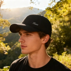 Classic black winter baseball cap with ear protection and Jeans embroidery for men