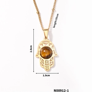 Detailed size specifications for Hamsa Hand necklace featuring tiger eye stone and gold finish