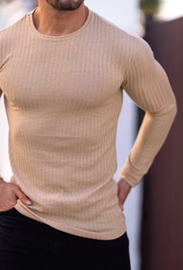 Detail of light khaki ribbed knit men's slim fit long sleeve T-shirt with crew neck