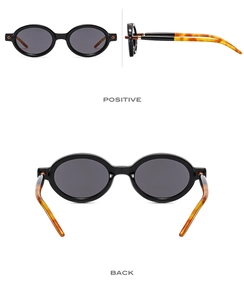 Detailed multi-angle views of oval punk sunglasses with black frames and tortoise temples
