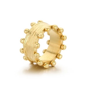 Anello largo in acciaio inossidabile dorato 18K con texture e bordi con perline