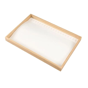 Bamboo wood jewelry display tray for necklaces and bracelets with hooks and white lining