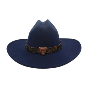 Close-up of navy wool cowboy hat featuring a vintage bronze leopard head metal buckle