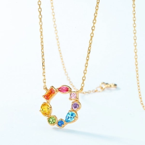 Minimalist S925 sterling silver rainbow necklace with colorful zircon circle pendant