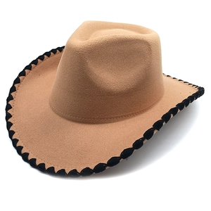 Chapeau de cowboy classique en feutre camel avec bordure tressée noire pour hommes et femmes