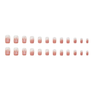 Pink and white gradient press-on nails set with bow patterns and 24 pieces