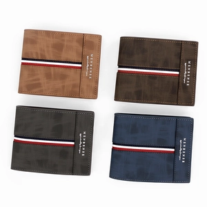 Men's trifold leather wallets in four colors with stripe detail on white background