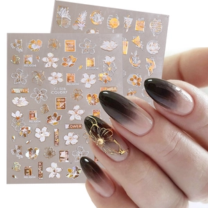 White Gold 3D Self Adhesive Nail Art Stickers Abstract Face Flower Leaf Design Bronzing Nail Decals For Women DIY Decoration