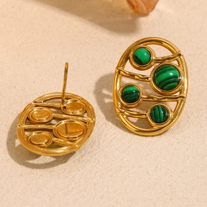 Vintage 18K gold plated stainless steel oval earrings with green malachite stone