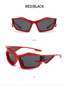 Detail view of futuristic Y2K geometric red sunglasses with dark lenses from two angles