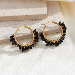 Handmade Bohemian round hoop earrings with wire-wrapped black natural stone fragments