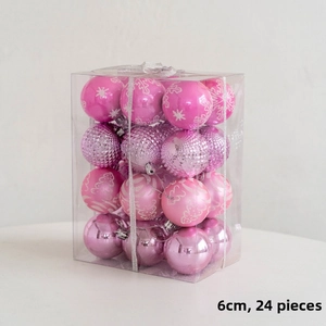 Detailed view of 24pcs 6cm pink Christmas ornaments in various finishes in a clear box