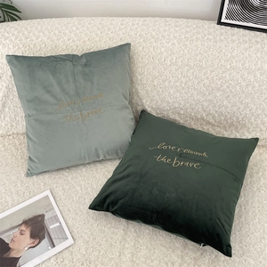 Close-up of velvet cushion covers with gold embroidery on a stylish decor background