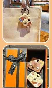 Cute Capybara camera keychain with bronze metal clip and premium orange gift box